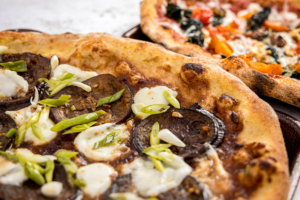Miso, aubergine and plum pizza