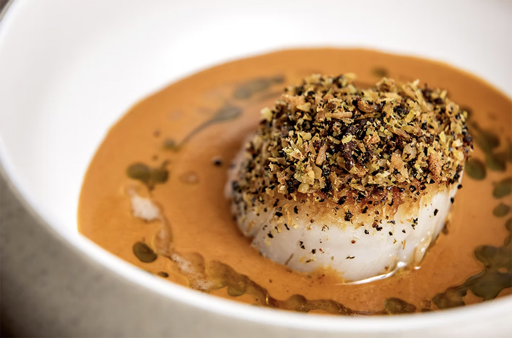South coast scallops in tikka masala sauce with roe and coconut